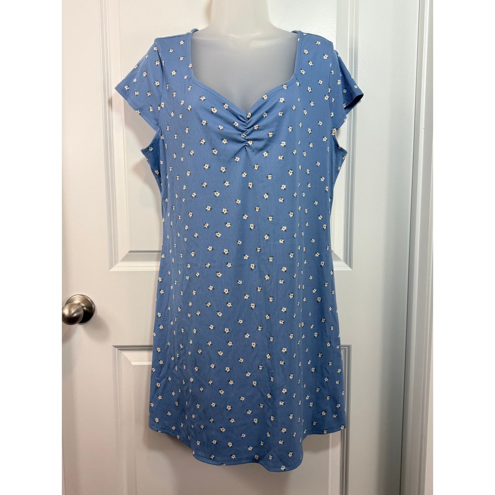 Y2K No Boundaries Blue Floral‎ Ribbed Mini Dress XXL 20 Cottagecore Boho Summer